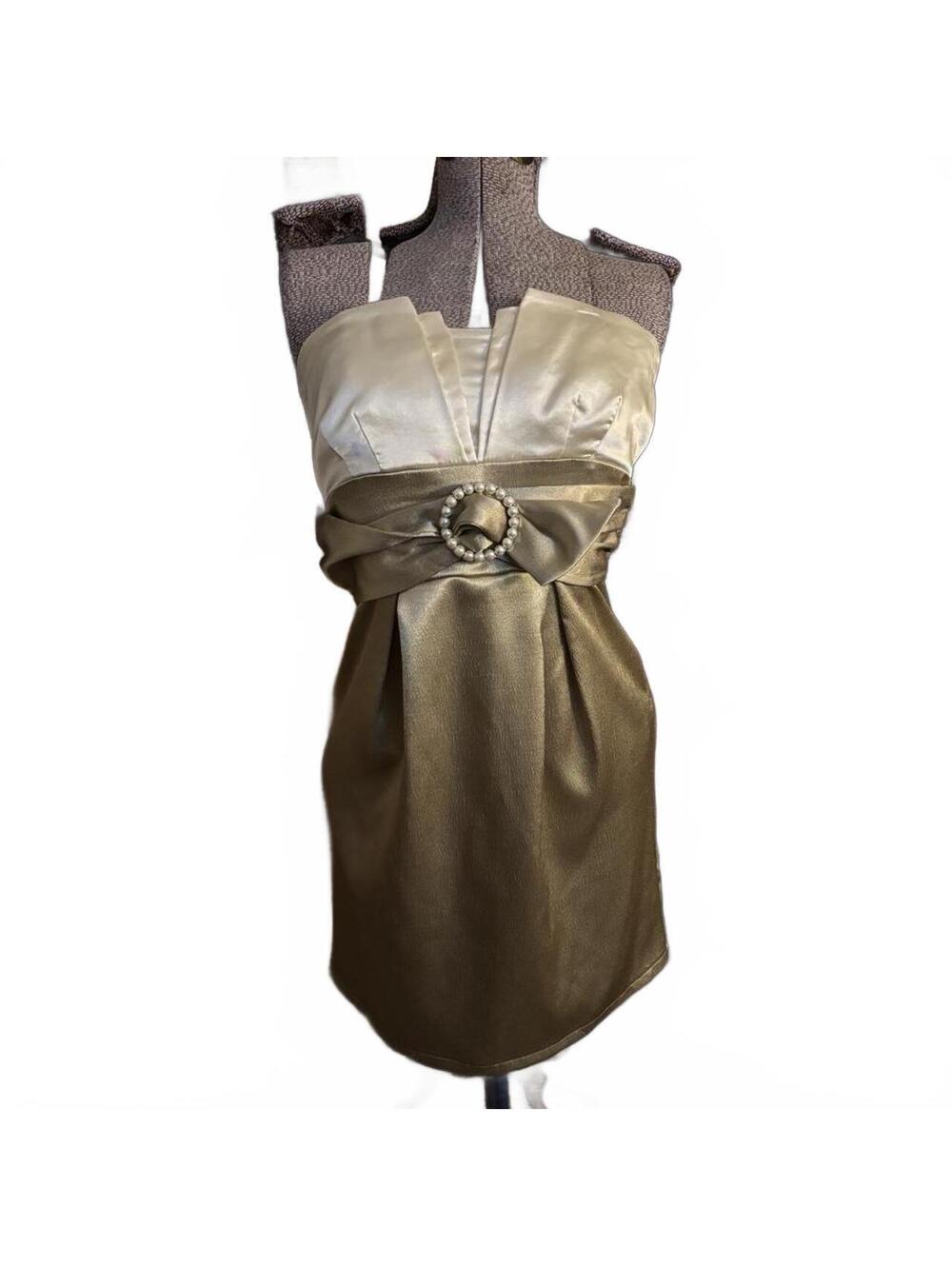 Y2K Trixxi Gold strapless mini dress with silver belt and buckle detail